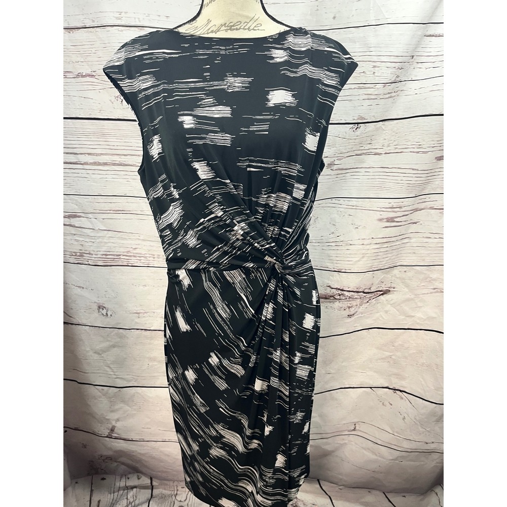 LAUREN Ralph Lauren Black White Abstract Print Ruched Sheath‎ Dress Size 16